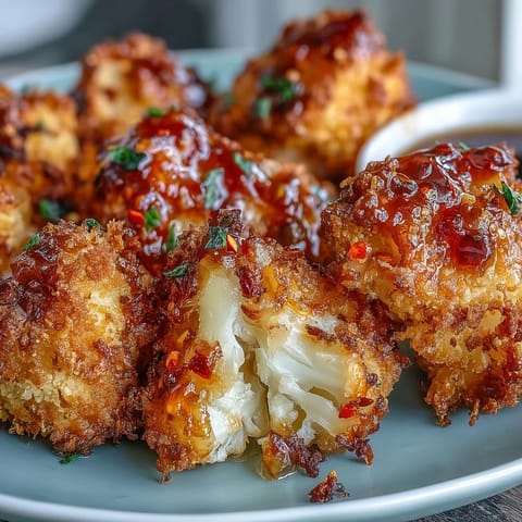 Golden, crunchy hot honey cauliflower florets served as a tempting appetizer with herbs scattered.