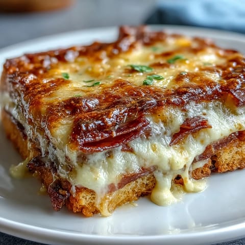 A slice of Croque Monsieur Casserole reveals fluffy egg-soaked bread, savory ham, and gooey Gruyère in a rich, golden béchamel sauce.  