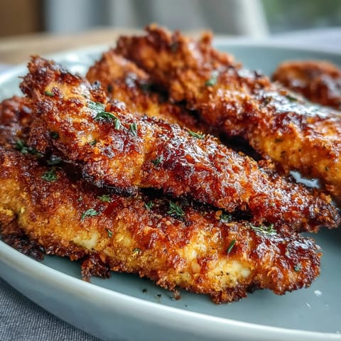 Golden, crunchy Crispy Turmeric Chicken Tenders rest on a plate with a side of fresh herbs and lime wedges for bright flavor.  