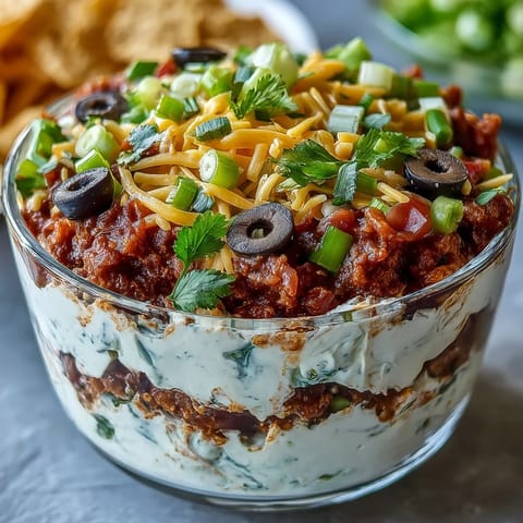 Freshly made 4-Way Layered Dip with vibrant beans, creamy cheese, and fresh salsa, served with tortilla chips.