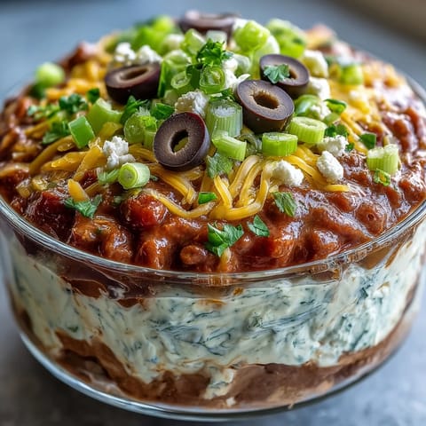 Colorful 4-Way Layered Dip topped with black olives and green onions, ready to enjoy at a party.