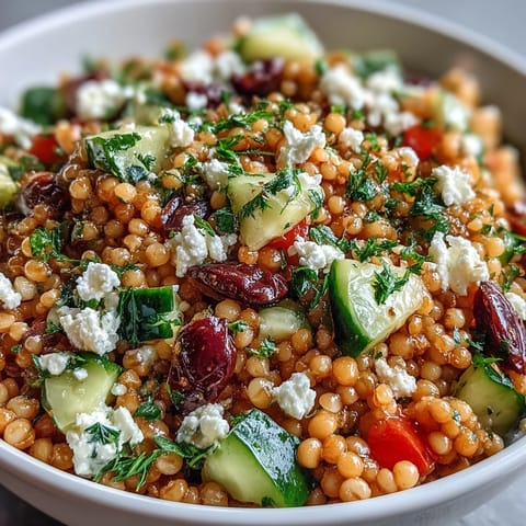 Fork-ready Mediterranean Pearl Couscous salad topped with parsley and kalamata olives, ready to serve.