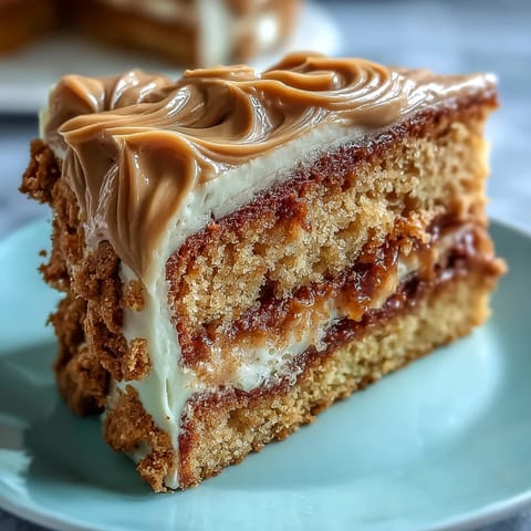 Decadent Baked Biscoff Cake with Creamy Lotus Frosting on a wooden board, featuring a tender crumb and caramel-colored drizzle.