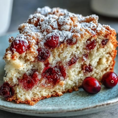 Warm slices of Cranberry Orange Breakfast Cake served on white plates with coffee and extra cranberries nearby.