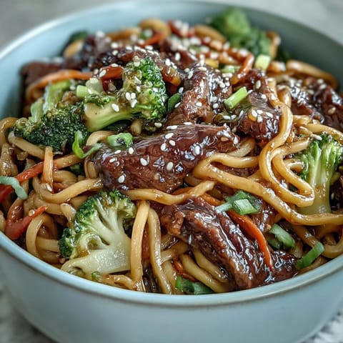 Tender beef and crisp vegetables are tossed in a glossy sauce with rice noodles.