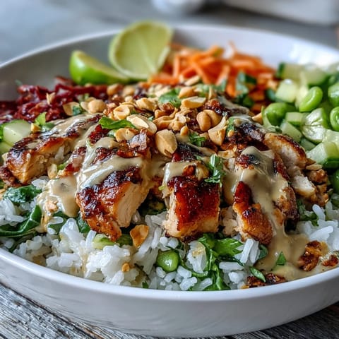 A close-up of the Coconut Rice Peanut Bowl featuring sliced grilled chicken, crunchy cabbage, carrots, and cucumber.