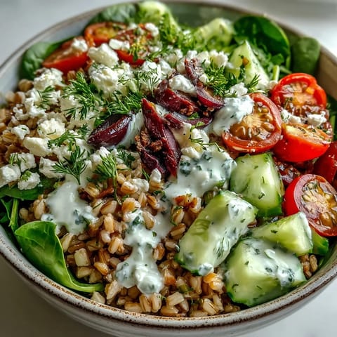 Hearty farro, colorful vegetables, and chickpeas tossed in tangy tahini dressing for a nourishing Mediterranean Farro Bowl meal.