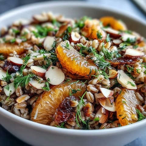 A vibrant Farro Salad Bowl with Fennel, Oranges & Almonds features chewy grains, crisp sliced fennel, juicy citrus segments, and crunchy toasted almonds tossed in a light vinaigrette on a white plate.