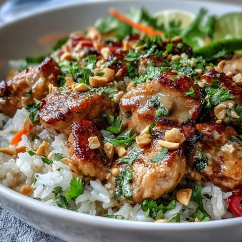 A vibrant Thai Peanut Chicken Bowl with coconut rice, colorful veggies, and spicy peanut sauce.