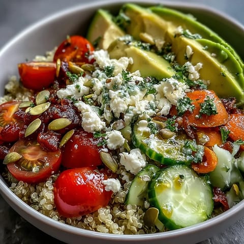 A vibrant Simple Grain Bowl filled with brown rice, chickpeas, fresh vegetables, and pumpkin seeds, drizzled with tangy lemon dressing.
