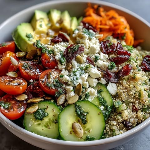 A close-up of a customizable Simple Grain Bowl featuring fluffy quinoa, grilled chicken, avocado slices, and crumbled feta cheese.