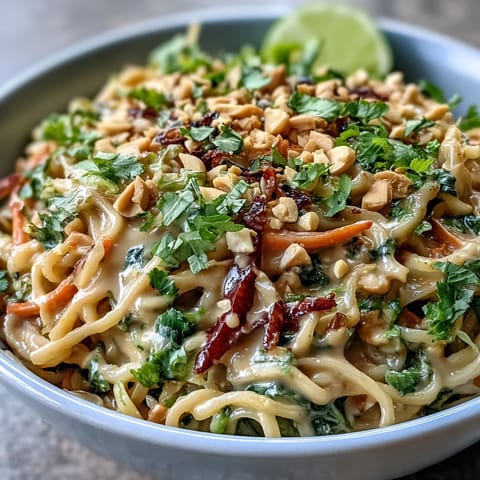 Close-up of Asian Peanut Noodle Bowl with shredded carrots, red cabbage, and fresh cilantro in creamy peanut dressing.