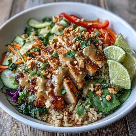 A close-up of a creamy peanut sauce drizzled generously over a colorful Peanut Chicken Power Bowl filled with crisp cucumber, purple cabbage, and fresh cilantro.