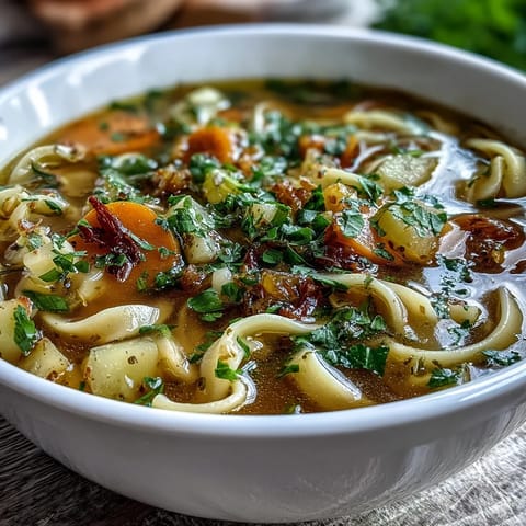 Cozy vegetarian soup featuring seasonal vegetables and soft noodles, perfect for chilly days and comforting meals.  