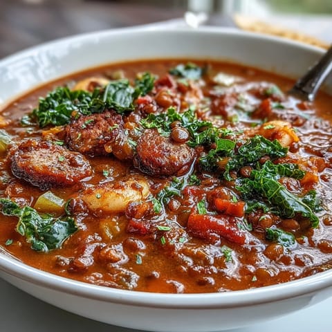 Hearty bowl of spicy sausage and lentil soup with kale, topped with fresh parsley and served with crusty bread.