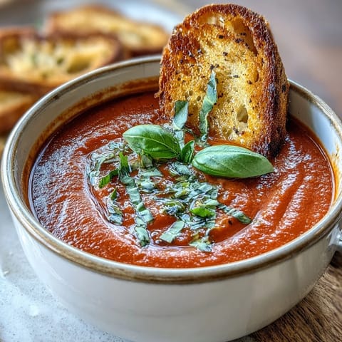 A bowl of creamy tomato basil soup garnished with fresh basil, served with golden sourdough bread dippers for dipping.