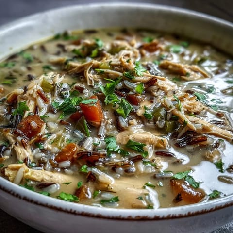 A steaming bowl of chicken and wild rice soup with tender carrots and savory broth, garnished with fresh parsley.