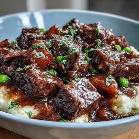 A hearty bowl of lightened Irish beef stew with tender lean beef and vibrant vegetables, served over creamy cauliflower mash for a comforting, low-carb meal.