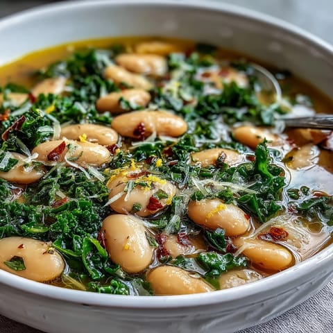 A rustic Tuscan white bean soup with tender kale and fresh lemon zest, served steaming in a white bowl.  