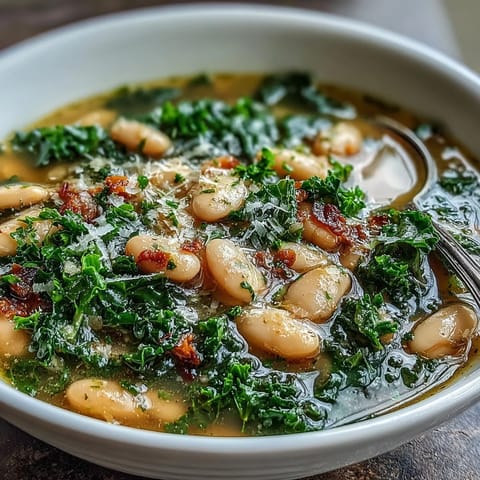 Creamy cannellini beans and hearty kale simmer in a fragrant broth, finished with bright lemon zest and olive oil drizzle.  
