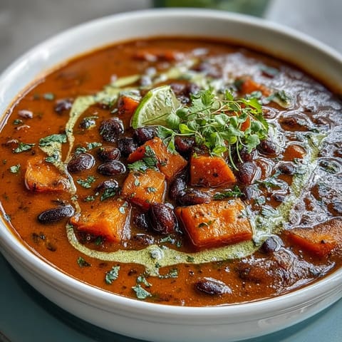 A bowl of smoky black bean and sweet potato soup topped with tangy lime crema and fresh cilantro for a zesty, comforting meal.
