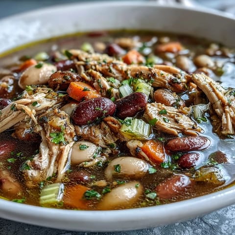 A hearty bowl of 15-bean crockpot soup with tender smoked turkey and vibrant vegetables, perfect for chilly days.  