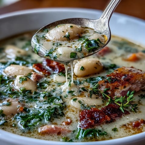 A steaming bowl of ham and cannellini bean soup, garnished with fresh parsley and rosemary for a comforting meal.