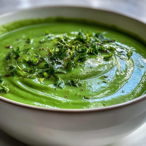 A vibrant green detox soup with zucchini, peas, and fresh herbs, perfect for a light and healthy meal.