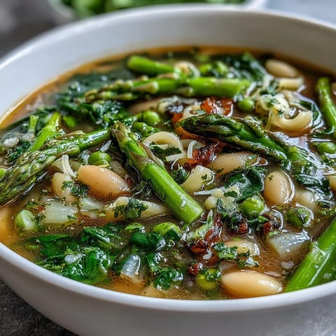 Spring Minestrone with White Beans and Asparagus: a colorful bowl of fresh spring vegetables, creamy white beans, and tender pasta in a savory broth.