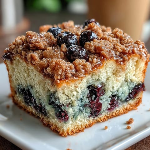 Lemon blueberry sourdough coffee cake squares with golden streusel topping and fresh berries.