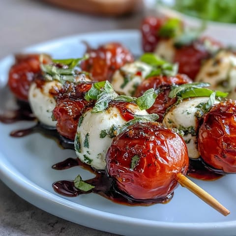 Picnic Caprese Skewers with Balsamic Drizzle featuring cherry tomatoes, mozzarella, and basil leaves on wooden sticks, drizzled with sweet balsamic glaze.  