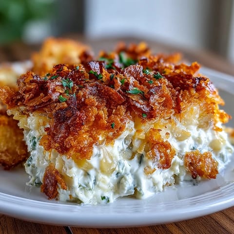 Creamy Jalapeño Cheddar Funeral Potatoes with a golden, crunchy cornflake topping in a 9x13-inch casserole dish.