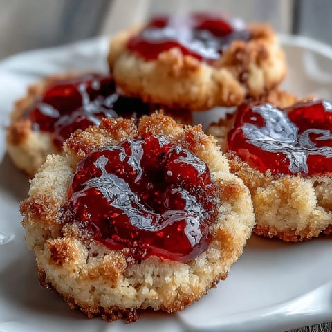 Golden shortbread cookies with vibrant strawberry jam centers, dusted with powdered sugar for a sweet finish.  
