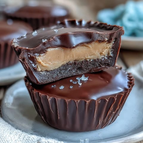 Rich homemade Reese's peanut butter cups with dark chocolate, featuring a creamy, lightly salted peanut butter center enrobed in smooth, glossy dark chocolate.