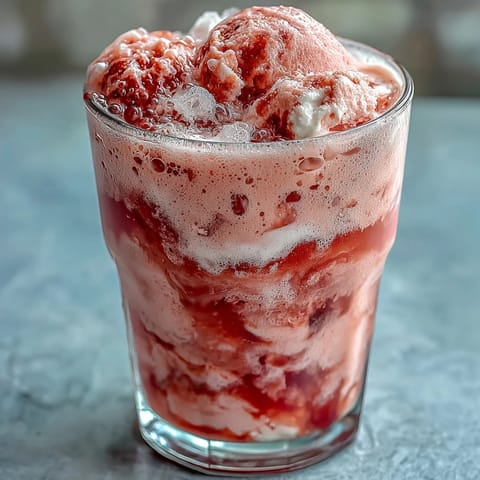 Creamy vanilla ice cream topped with strawberry daiquiri blend and bubbly sparkling water, perfect summer treat.