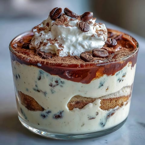 Vanilla Bean Frappuccino Tiramisu Cups with creamy mascarpone and espresso-soaked ladyfingers in a glass dessert cup.