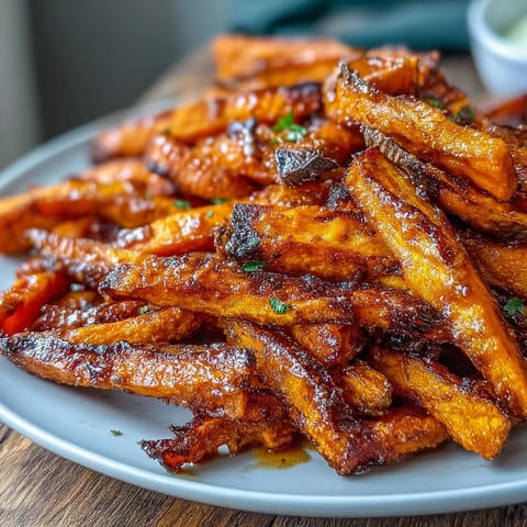 Air-fried sweet potato fries served hot with creamy garlic aioli, perfect for dipping.  