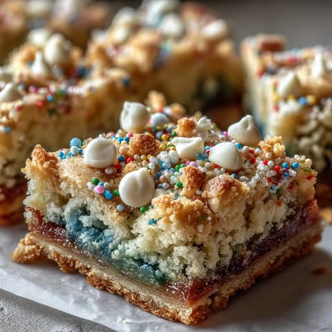 Buttery St. Patrick's Day cookie bars filled with rainbow sprinkles and sweet white chocolate morsels.
