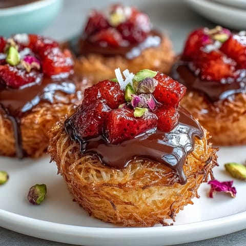 Dubai-Style Strawberry Cups with Kataifi and Dark Chocolate, showcasing crisp golden kataifi pastry nests filled with juicy strawberries and drizzled with rich chocolate ganache.  