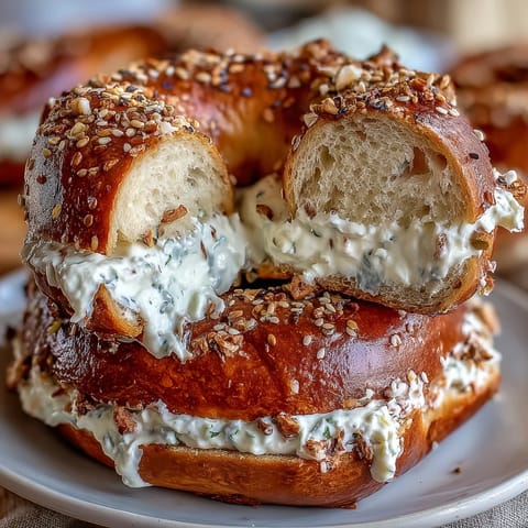 Golden high-protein bagels topped with everything seasoning, served with creamy Greek yogurt dip and fresh chives.  
