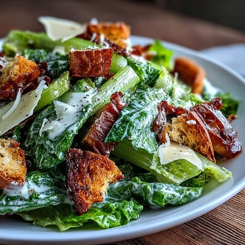 Crisp Celery Caesar Salad with golden croutons and Parmesan shavings, served in a creamy, tangy dressing.