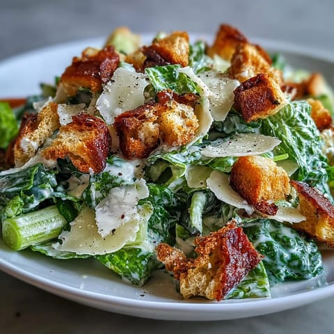 Refreshing Caesar salad featuring crunchy celery, crisp romaine, and savory Parmesan with homemade croutons.