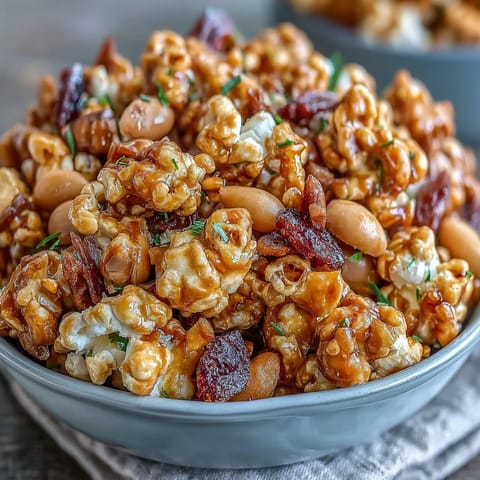 Sweet caramel candy apple popcorn mix with crunchy popcorn, dried apples, and colorful candies, perfect for movie night snacking.