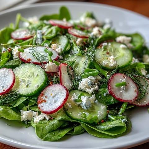 Fresh spring salad with baby greens, radishes, and lemon vinaigrette, garnished with herbs and feta for a bright, seasonal dish.
