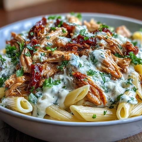 Creamy Crockpot Mississippi Chicken Pasta with tender shredded chicken and tangy pepperoncini in a rich, buttery sauce.  