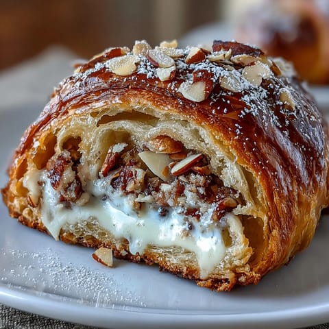 Almond croissant-style sourdough rolls with golden flaky layers and almond cream filling.  