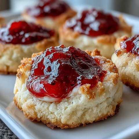 Delicious clotted cream and strawberry jam thumbprint cookies with golden edges and sweet, creamy filling.