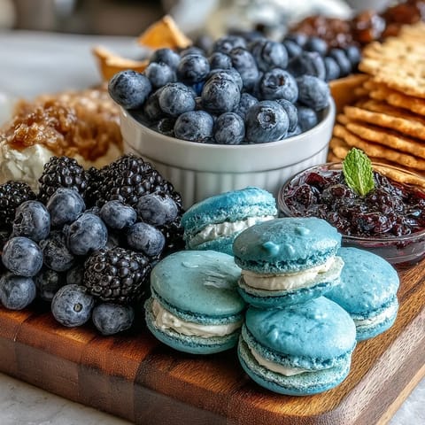 A dreamy Pisces-inspired snack board featuring vibrant blue fruits, creamy cheeses, and whimsical sweets arranged for visual delight.