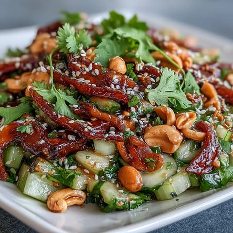 Crunchy celery peanut salad with soy ginger dressing in a white bowl, garnished with fresh cilantro and sesame seeds.  
