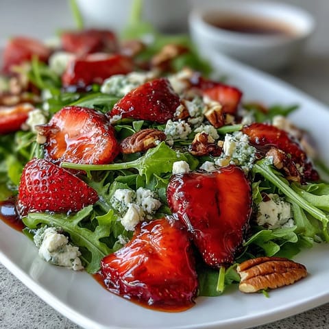 A vibrant Spring Dinner Party Strawberry Arugula Salad with Balsamic Glaze, featuring juicy strawberries and peppery arugula.
